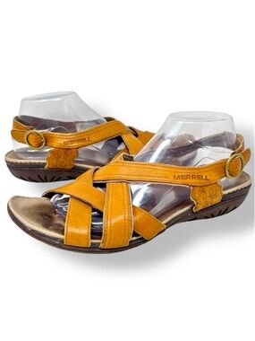 Merrell Bassoon Women Tan Brown Leather Criss Cross Slingback Sandals Size 10